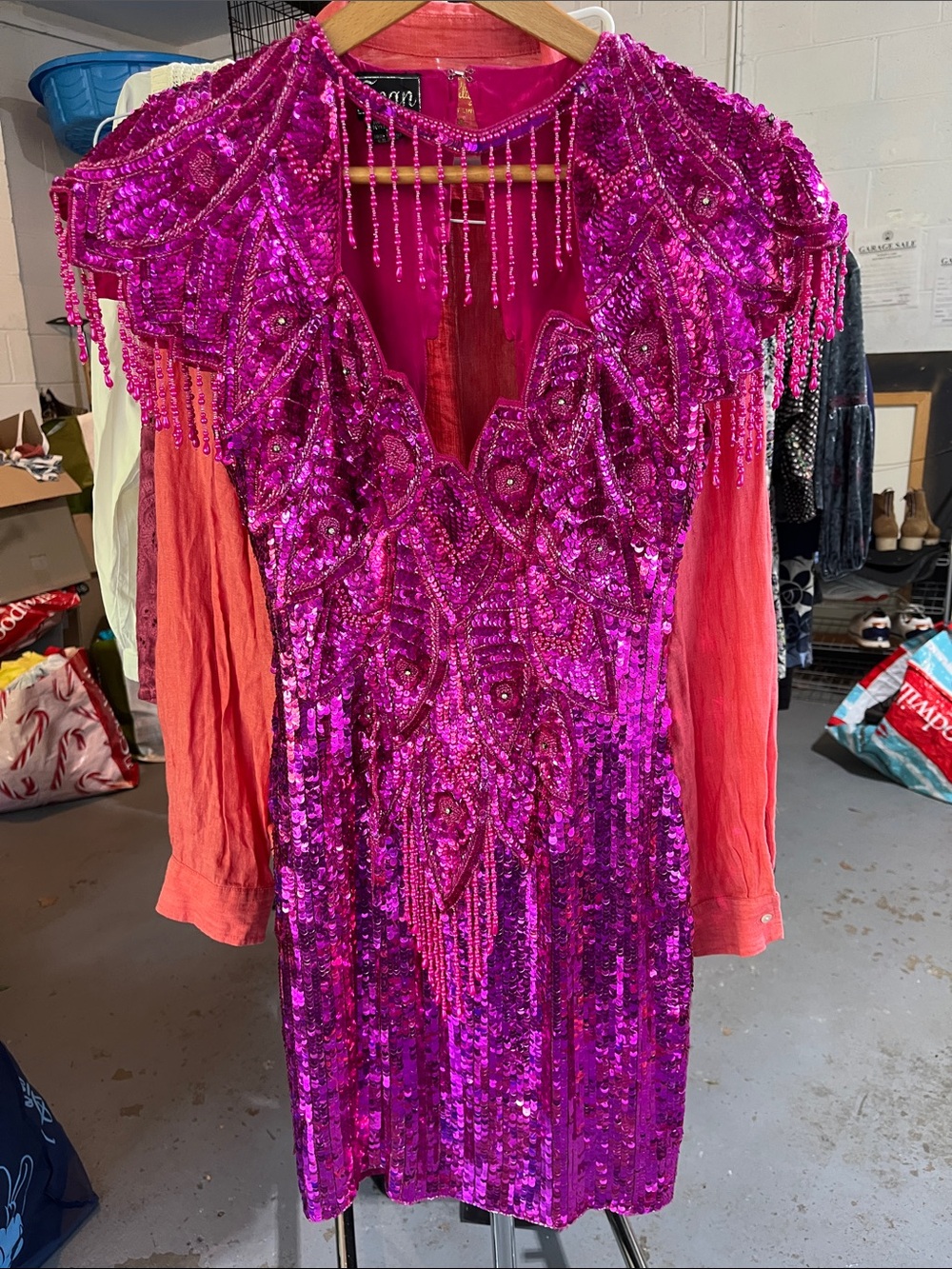 Sean Collection S Fuchsia Sequin Beaded Cocktail Dress vtg